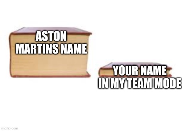 why is it so long | ASTON MARTINS NAME; YOUR NAME IN MY TEAM MODE | image tagged in big book and small book | made w/ Imgflip meme maker