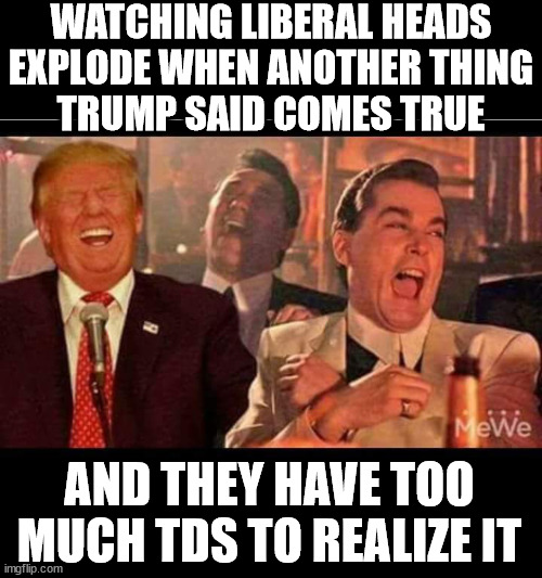Goodfellas Trump | WATCHING LIBERAL HEADS
EXPLODE WHEN ANOTHER THING
TRUMP SAID COMES TRUE; AND THEY HAVE TOO
MUCH TDS TO REALIZE IT | image tagged in goodfellas trump,memes,trump derangement syndrome,stupid liberals,you can't handle the truth | made w/ Imgflip meme maker