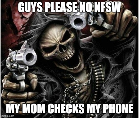 Badass Skeleton | GUYS PLEASE NO NFSW; MY MOM CHECKS MY PHONE | image tagged in badass skeleton | made w/ Imgflip meme maker