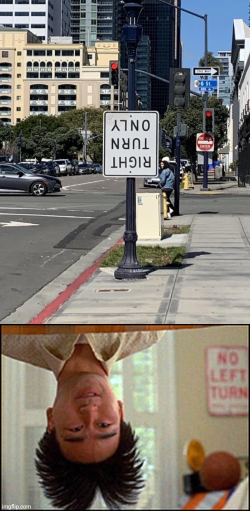 Upside down right turn only | image tagged in long duck dong upside down,upside down,reposts,repost,memes,road sign | made w/ Imgflip meme maker