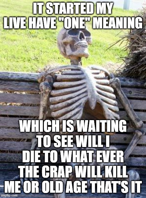 imagine what will i die to. | IT STARTED MY LIVE HAVE "ONE" MEANING; WHICH IS WAITING TO SEE WILL I DIE TO WHAT EVER THE CRAP WILL KILL ME OR OLD AGE THAT'S IT | image tagged in memes,waiting skeleton | made w/ Imgflip meme maker