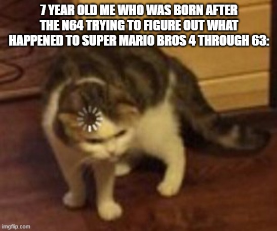 Wait, how many Mario games are there? | 7 YEAR OLD ME WHO WAS BORN AFTER THE N64 TRYING TO FIGURE OUT WHAT HAPPENED TO SUPER MARIO BROS 4 THROUGH 63: | image tagged in loading cat | made w/ Imgflip meme maker