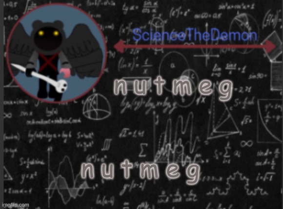 Science's template for scientists | n u t m e g; n u t m e g | image tagged in science's template for scientists | made w/ Imgflip meme maker