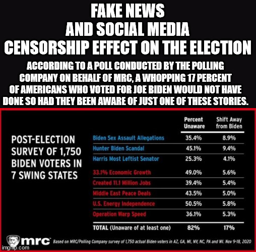 Censoring the truth helped democrats steal the election | FAKE NEWS AND SOCIAL MEDIA CENSORSHIP EFFECT ON THE ELECTION; ACCORDING TO A POLL CONDUCTED BY THE POLLING COMPANY ON BEHALF OF MRC, A WHOPPING 17 PERCENT OF AMERICANS WHO VOTED FOR JOE BIDEN WOULD NOT HAVE DONE SO HAD THEY BEEN AWARE OF JUST ONE OF THESE STORIES. | image tagged in stolen,election 2020 | made w/ Imgflip meme maker