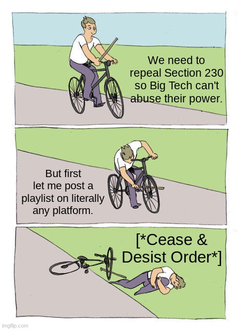 Ppl Don't Understand 230 | We need to repeal Section 230 so Big Tech can't abuse their power. But first let me post a playlist on literally any platform. [*Cease & Desist Order*] | image tagged in memes,bike fall,art,news,author stuff | made w/ Imgflip meme maker