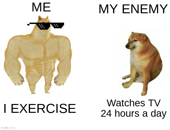 Buff Doge vs. Cheems | ME; MY ENEMY; I EXERCISE; Watches TV 24 hours a day | image tagged in memes,buff doge vs cheems | made w/ Imgflip meme maker