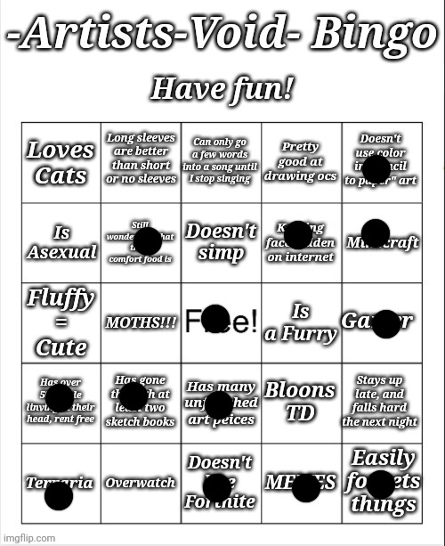 Only one Bingo.. oh well. Just out of boredom, I did this | image tagged in artists void bingo | made w/ Imgflip meme maker