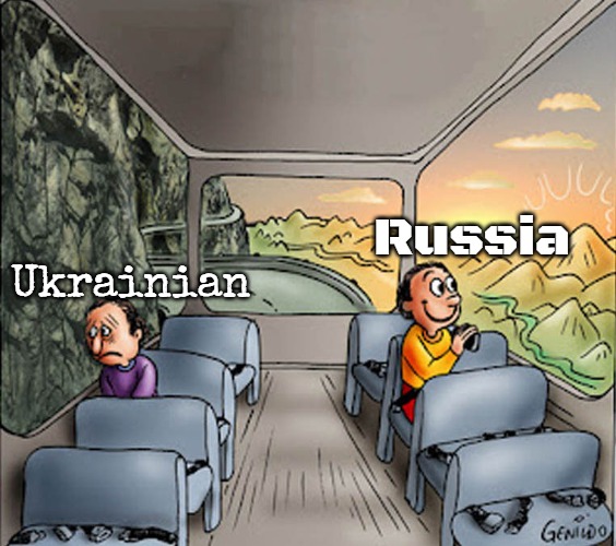 Two guys on a bus | Russia; Ukrainian | image tagged in two guys on a bus,slavic,russo-ukrainian war | made w/ Imgflip meme maker