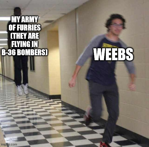 title | MY ARMY OF FURRIES (THEY ARE FLYING IN B-36 BOMBERS); WEEBS | image tagged in floating boy chasing running boy | made w/ Imgflip meme maker