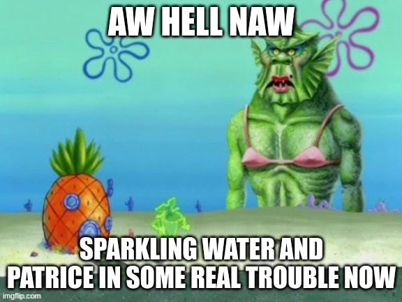 lol | AW HELL NAW; SPARKLING WATER AND PATRICE IN SOME REAL TROUBLE NOW | image tagged in funny | made w/ Imgflip meme maker