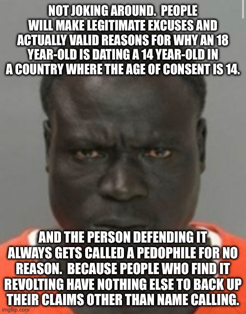 NOT JOKING AROUND.  PEOPLE WILL MAKE LEGITIMATE EXCUSES AND ACTUALLY VALID REASONS FOR WHY AN 18 YEAR-OLD IS DATING A 14 YEAR-OLD IN A COUNTRY WHERE THE AGE OF CONSENT IS 14. AND THE PERSON DEFENDING IT ALWAYS GETS CALLED A PEDOPHILE FOR NO REASON.  BECAUSE PEOPLE WHO FIND IT
REVOLTING HAVE NOTHING ELSE TO BACK UP
THEIR CLAIMS OTHER THAN NAME CALLING. | made w/ Imgflip meme maker