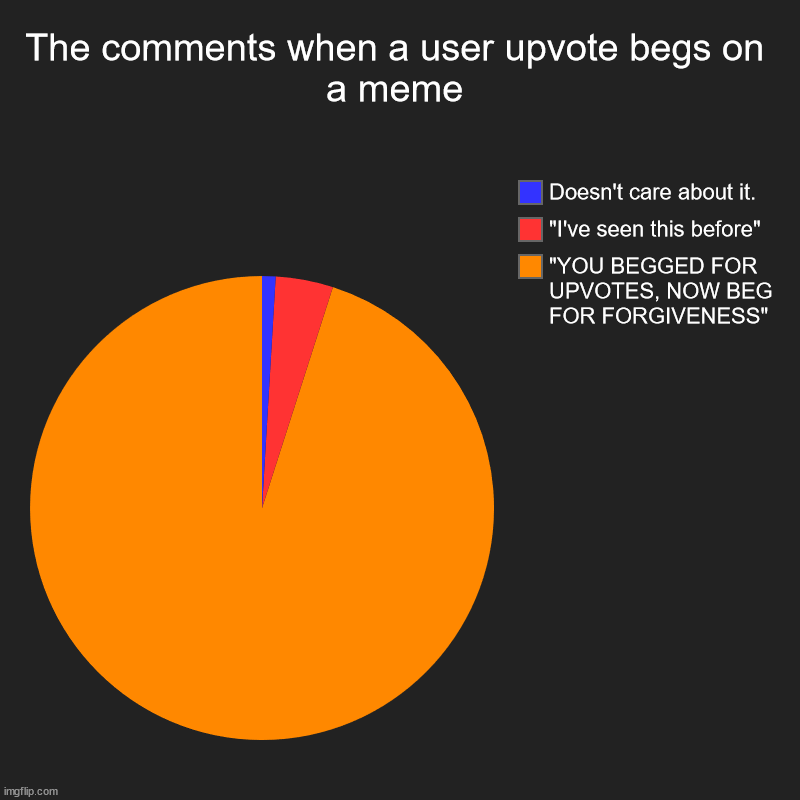 You begged for upvotes now beg for forgiveness | The comments when a user upvote begs on a meme | "YOU BEGGED FOR UPVOTES, NOW BEG FOR FORGIVENESS", "I've seen this before", Doesn't care ab | image tagged in charts,pie charts | made w/ Imgflip chart maker