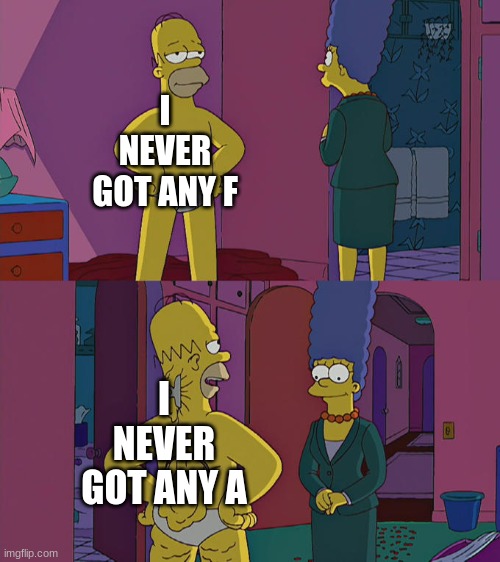 sad:( |  I NEVER GOT ANY F; I NEVER GOT ANY A | image tagged in homer simpson's back fat | made w/ Imgflip meme maker