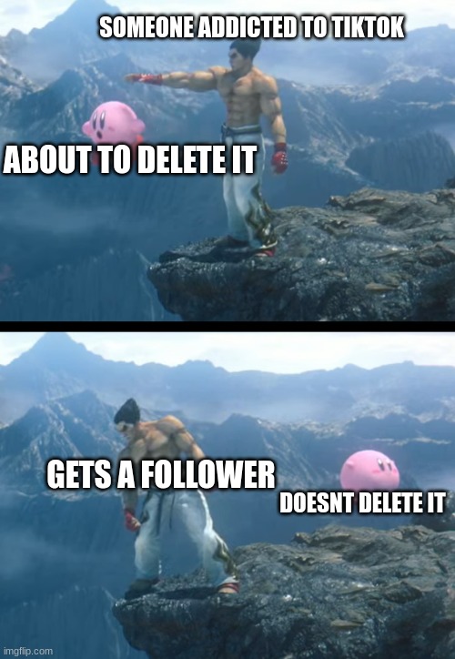 Kazuya throwing Kirby off a cliff. | SOMEONE ADDICTED TO TIKTOK; ABOUT TO DELETE IT; GETS A FOLLOWER; DOESNT DELETE IT | image tagged in kazuya throwing kirby off a cliff | made w/ Imgflip meme maker