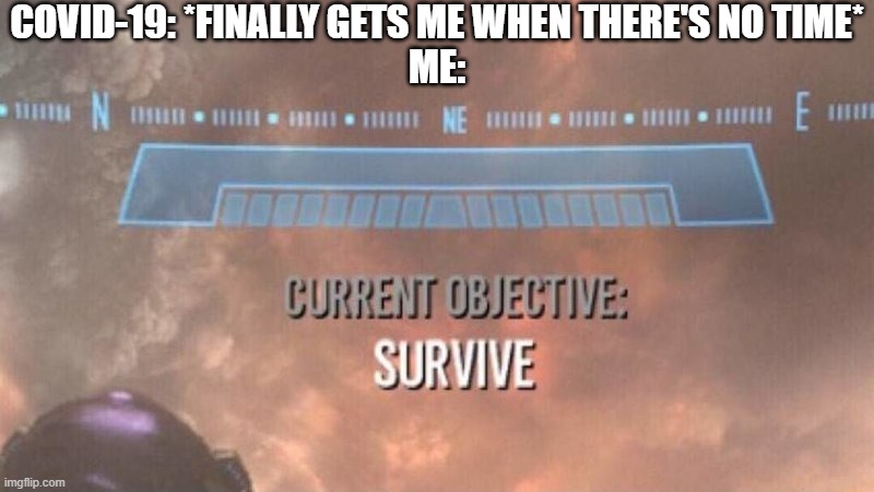 In other words I jus couldn't afford it and corona really screwed all kinds of things up for me | COVID-19: *FINALLY GETS ME WHEN THERE'S NO TIME*
ME: | image tagged in current objective survive,memes,relatable,covid-19,corona,life sucks | made w/ Imgflip meme maker