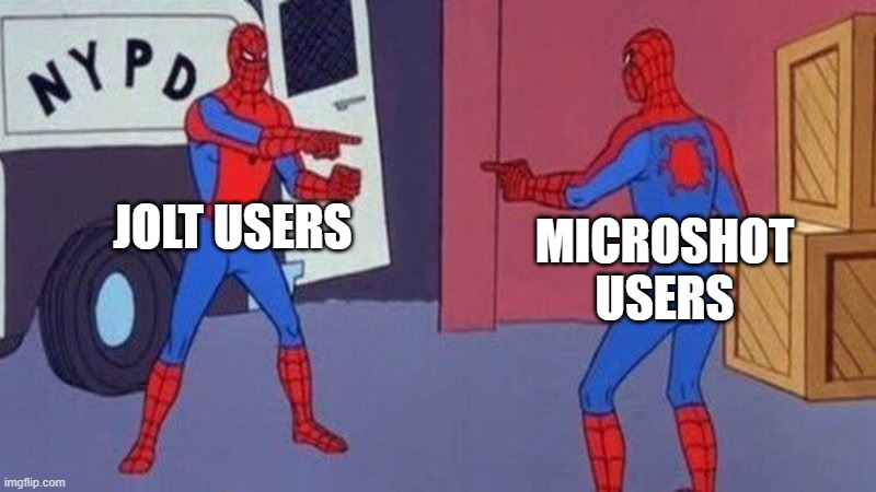 They are basically the same thing | JOLT USERS; MICROSHOT USERS | image tagged in spiderman pointing at spiderman | made w/ Imgflip meme maker