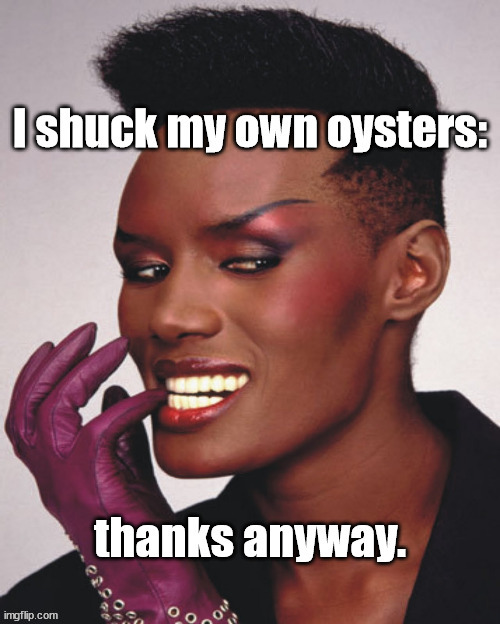Shuck your own oysters | image tagged in grace jones,accept responsibility,own it | made w/ Imgflip meme maker