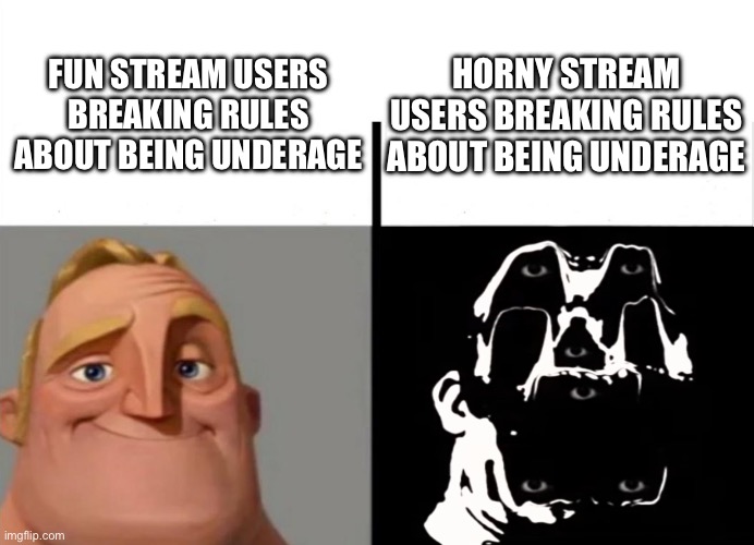 Dark humor is too shitty of a stream for this to be posted so here ya go | HORNY STREAM USERS BREAKING RULES ABOUT BEING UNDERAGE; FUN STREAM USERS BREAKING RULES ABOUT BEING UNDERAGE | image tagged in teacher's copy | made w/ Imgflip meme maker