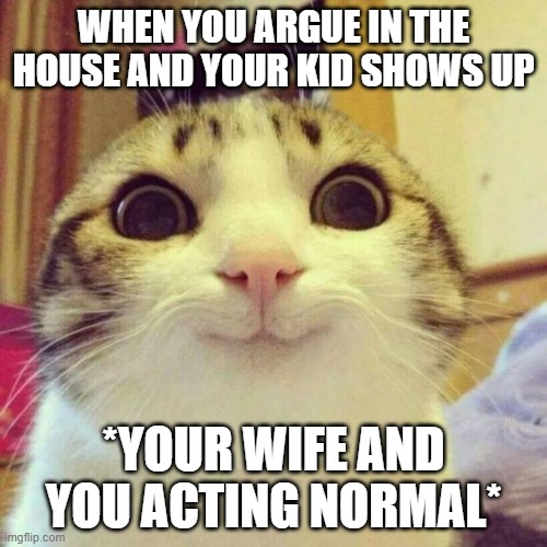 Smiling Cat Meme | WHEN YOU ARGUE IN THE HOUSE AND YOUR KID SHOWS UP; *YOUR WIFE AND YOU ACTING NORMAL* | image tagged in memes,smiling cat | made w/ Imgflip meme maker