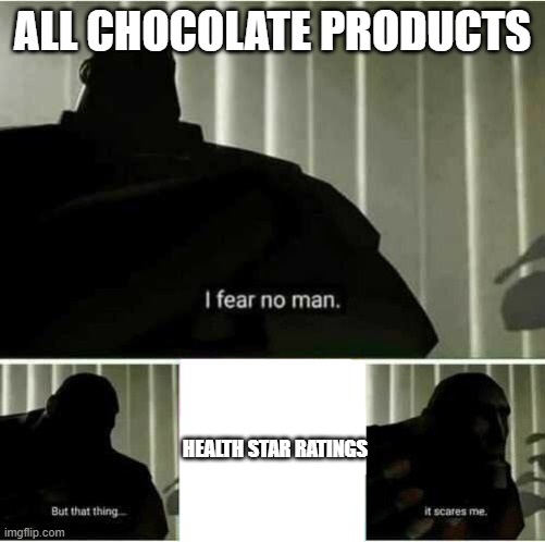 I fear no man | ALL CHOCOLATE PRODUCTS; HEALTH STAR RATINGS | image tagged in i fear no man | made w/ Imgflip meme maker