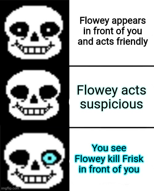 When sans sees Flowey kill Frisk in the pacifist route | Flowey appears in front of you and acts friendly; Flowey acts suspicious; You see Flowey kill Frisk in front of you | image tagged in sans | made w/ Imgflip meme maker