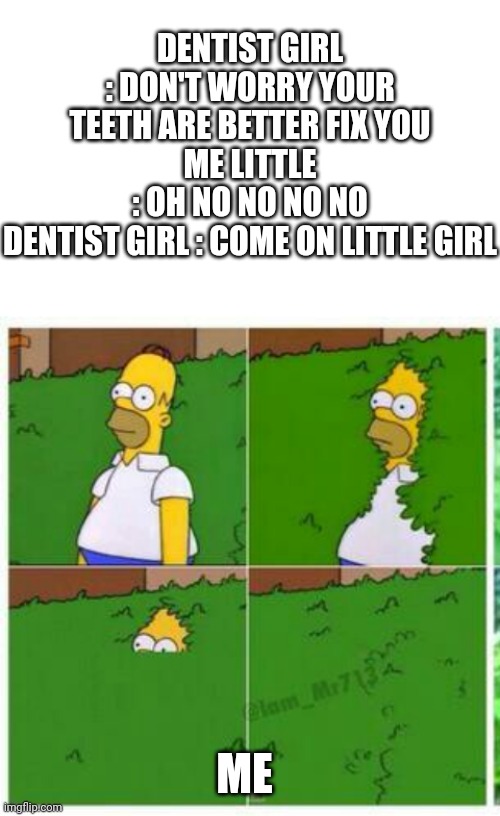I'm scared of dentist girl | DENTIST GIRL : DON'T WORRY YOUR TEETH ARE BETTER FIX YOU
ME LITTLE : OH NO NO NO NO
DENTIST GIRL : COME ON LITTLE GIRL; ME | image tagged in blank white template,homer hides,funny memes,dank memes,lol so funny | made w/ Imgflip meme maker