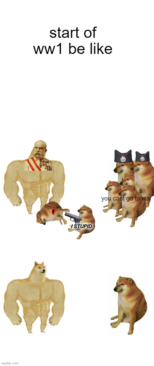 how it started | start of ww1 be like; you cant go to war; I STUPID | image tagged in memes,buff doge vs cheems | made w/ Imgflip meme maker