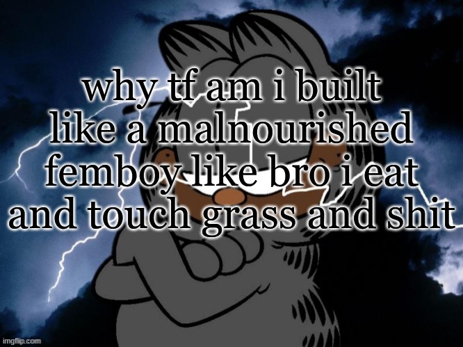 funny lightning cat | why tf am i built like a malnourished femboy like bro i eat and touch grass and shit | image tagged in funny lightning cat | made w/ Imgflip meme maker