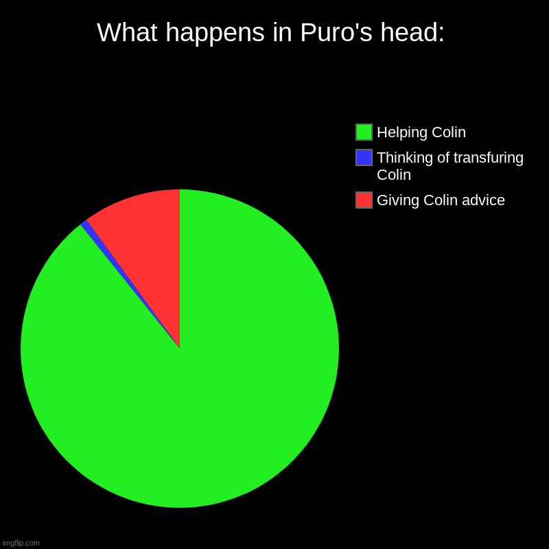 True, right? | What happens in Puro's head: | Giving Colin advice, Thinking of transfuring Colin, Helping Colin | image tagged in charts,pie charts | made w/ Imgflip chart maker