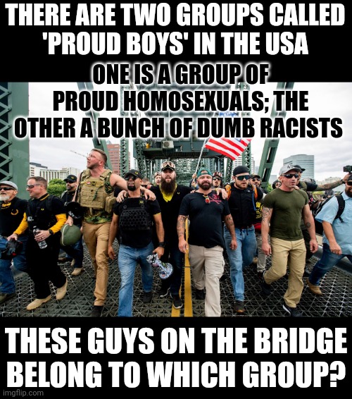 Riddle: to which group of Proud Boys do these men belong? | THERE ARE TWO GROUPS CALLED
'PROUD BOYS' IN THE USA; ONE IS A GROUP OF PROUD HOMOSEXUALS; THE OTHER A BUNCH OF DUMB RACISTS; THESE GUYS ON THE BRIDGE
BELONG TO WHICH GROUP? | image tagged in proud boys,racism,toxic masculinity,gay pride,spot the difference | made w/ Imgflip meme maker