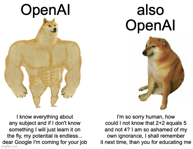this is funny and scary at the same time... we truly can't have nice things, can we now? | OpenAI; also
OpenAI; I know everything about any subject and if I don't know something I will just learn it on the fly, my potential is endless... dear Google I'm coming for your job; I'm so sorry human, how could I not know that 2+2 equals 5 and not 4? I am so ashamed of my own ignorance, I shall remember it next time, than you for educating me | image tagged in memes,buff doge vs cheems | made w/ Imgflip meme maker