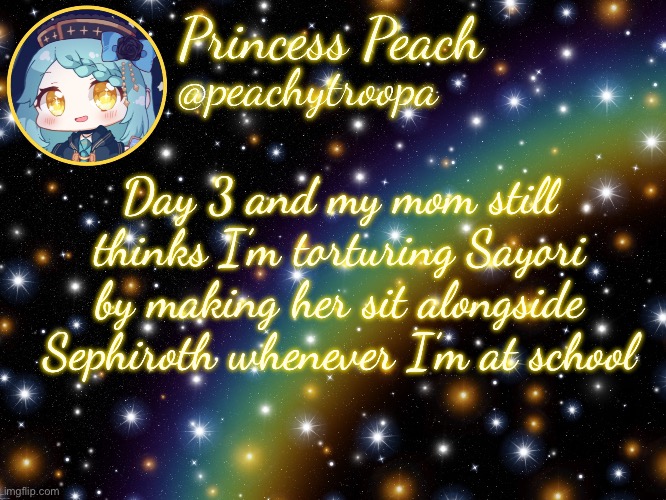 Before I leave for school every day I just leave both of them next to each other on my workdesk | Day 3 and my mom still thinks I’m torturing Sayori by making her sit alongside Sephiroth whenever I’m at school | image tagged in aesthetic starry temp | made w/ Imgflip meme maker