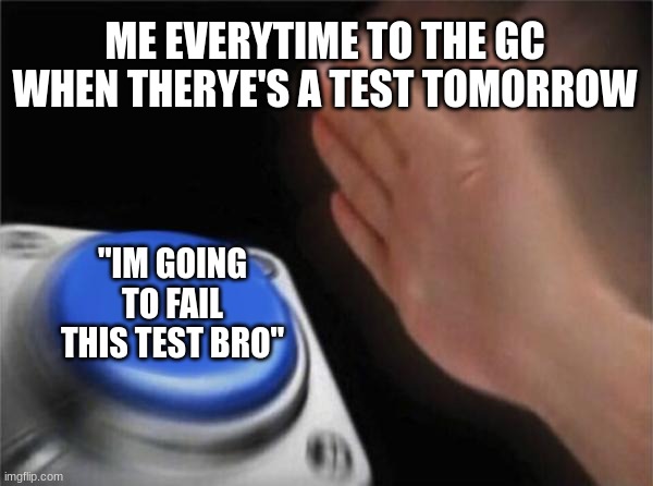 Blank Nut Button | ME EVERYTIME TO THE GC WHEN THERYE'S A TEST TOMORROW; "IM GOING TO FAIL THIS TEST BRO" | image tagged in memes,blank nut button | made w/ Imgflip meme maker