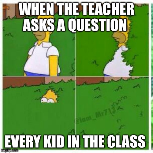 Relatable | WHEN THE TEACHER ASKS A QUESTION; EVERY KID IN THE CLASS | image tagged in homer hides,relatable memes,memes,funny memes | made w/ Imgflip meme maker
