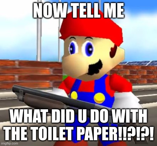 ToILEt PaapPERE!?!?! | NOW TELL ME; WHAT DID U DO WITH THE TOILET PAPER!!?!?! | image tagged in smg4 shotgun mario | made w/ Imgflip meme maker