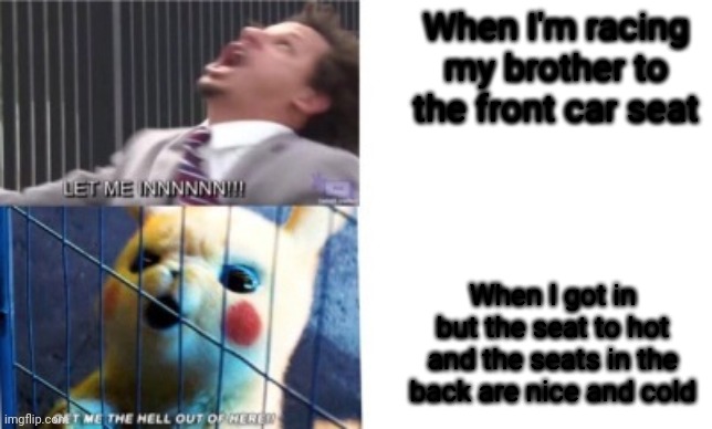 This happened to me once, the front seat burned me | When I'm racing my brother to the front car seat; When I got in but the seat to hot and the seats in the back are nice and cold | image tagged in let me in/let me out | made w/ Imgflip meme maker