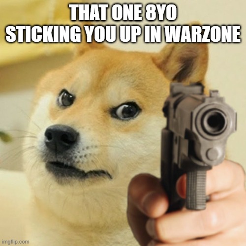 Doge holding a gun | THAT ONE 8YO STICKING YOU UP IN WARZONE | image tagged in doge holding a gun | made w/ Imgflip meme maker