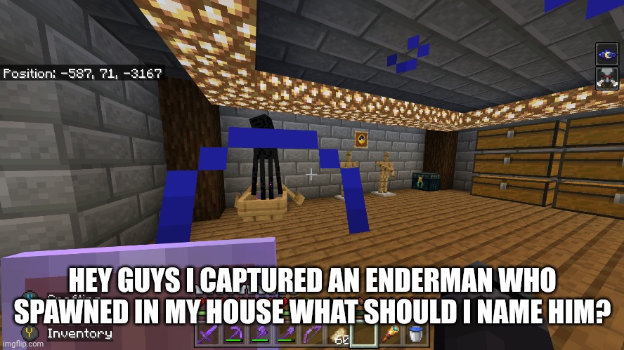 HEY GUYS I CAPTURED AN ENDERMAN WHO SPAWNED IN MY HOUSE WHAT SHOULD I NAME HIM? | made w/ Imgflip meme maker