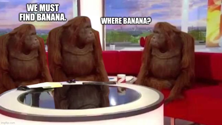 where monkey | WHERE BANANA? WE MUST FIND BANANA. | image tagged in where monkey | made w/ Imgflip meme maker
