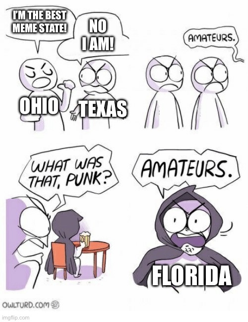 Amateurs | I’M THE BEST MEME STATE! NO I AM! OHIO; TEXAS; FLORIDA | image tagged in amateurs | made w/ Imgflip meme maker