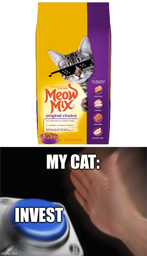 This happen to you? | MY CAT:; INVEST | image tagged in cat food,memes,blank nut button | made w/ Imgflip meme maker