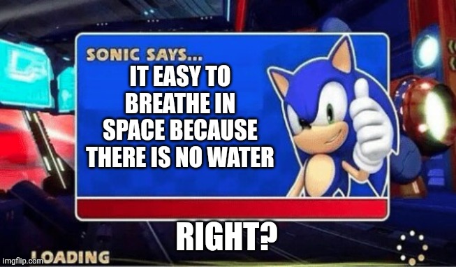 Sonic Says | IT EASY TO BREATHE IN SPACE BECAUSE THERE IS NO WATER; RIGHT? | image tagged in sonic says | made w/ Imgflip meme maker