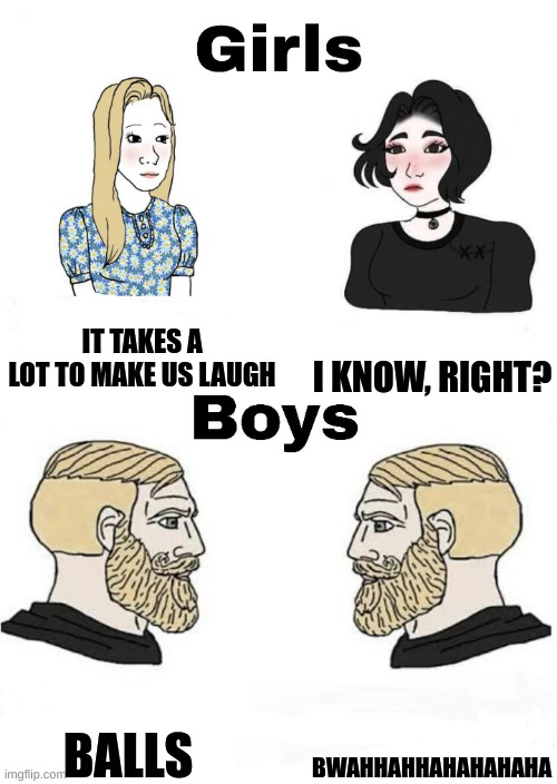 Girl vs. Boys Humor | IT TAKES A LOT TO MAKE US LAUGH; I KNOW, RIGHT? BWAHHAHHAHAHAHAHA; BALLS | image tagged in girls vs boys,memes | made w/ Imgflip meme maker
