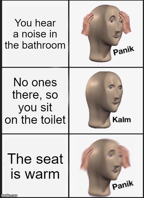Pov: your home alone | You hear a noise in the bathroom; No ones there, so you sit on the toilet; The seat is warm | image tagged in memes,panik kalm panik | made w/ Imgflip meme maker