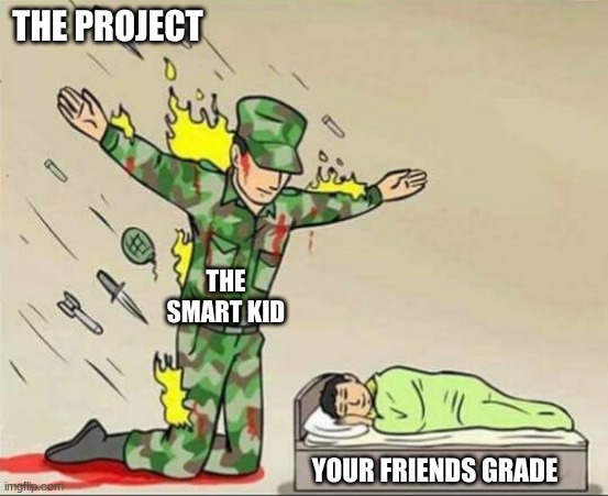 Soldier protecting sleeping child | THE PROJECT; THE SMART KID; YOUR FRIENDS GRADE | image tagged in soldier protecting sleeping child | made w/ Imgflip meme maker