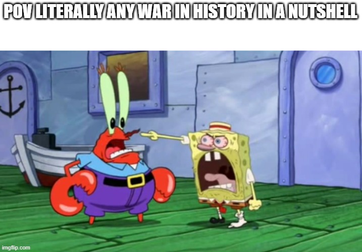 Spongebob yells at Mr. Krabs | POV LITERALLY ANY WAR IN HISTORY IN A NUTSHELL | image tagged in spongebob yells at mr krabs | made w/ Imgflip meme maker