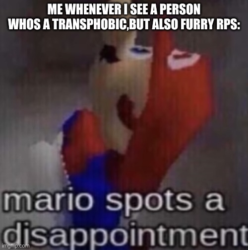 mario spots a dissapointment | ME WHENEVER I SEE A PERSON WHOS A TRANSPHOBIC,BUT ALSO FURRY RPS: | image tagged in mario spots a dissapointment | made w/ Imgflip meme maker