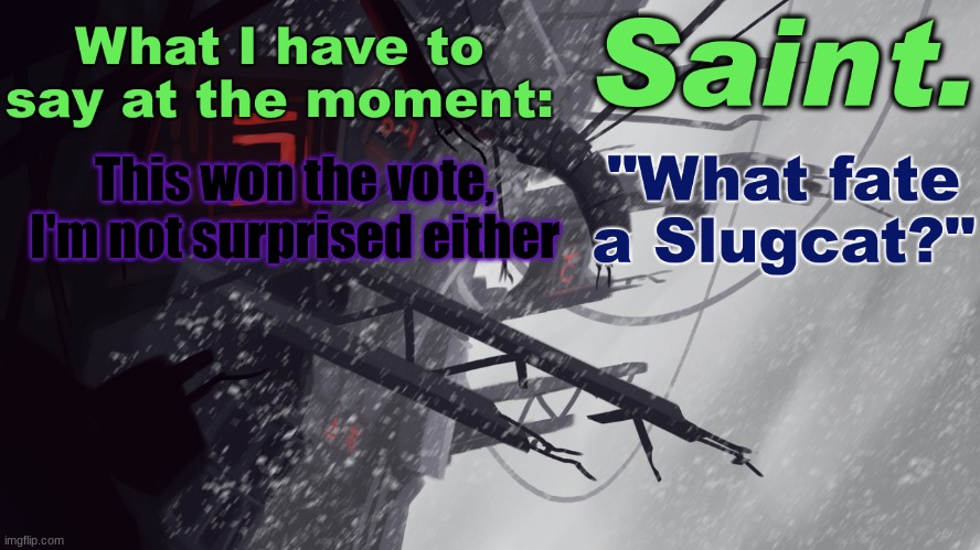 Saint announcement better | This won the vote, I'm not surprised either | image tagged in saint announcement better | made w/ Imgflip meme maker