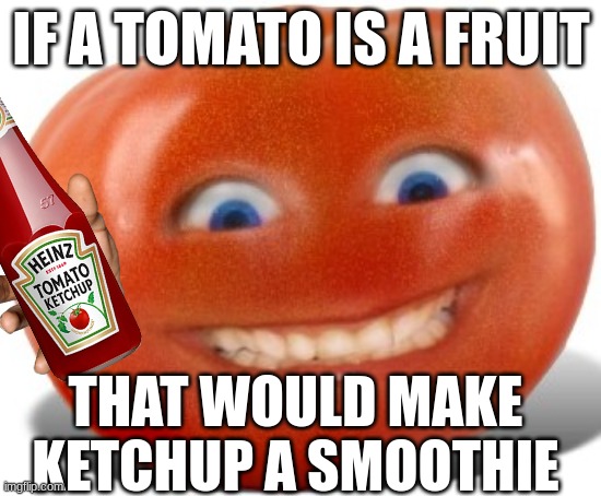 Tomato | IF A TOMATO IS A FRUIT; THAT WOULD MAKE KETCHUP A SMOOTHIE | image tagged in tomato | made w/ Imgflip meme maker