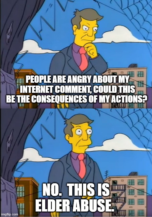 Skinner is a victim of elder abuse | PEOPLE ARE ANGRY ABOUT MY INTERNET COMMENT, COULD THIS BE THE CONSEQUENCES OF MY ACTIONS? NO.  THIS IS ELDER ABUSE. | image tagged in skinner out of touch | made w/ Imgflip meme maker